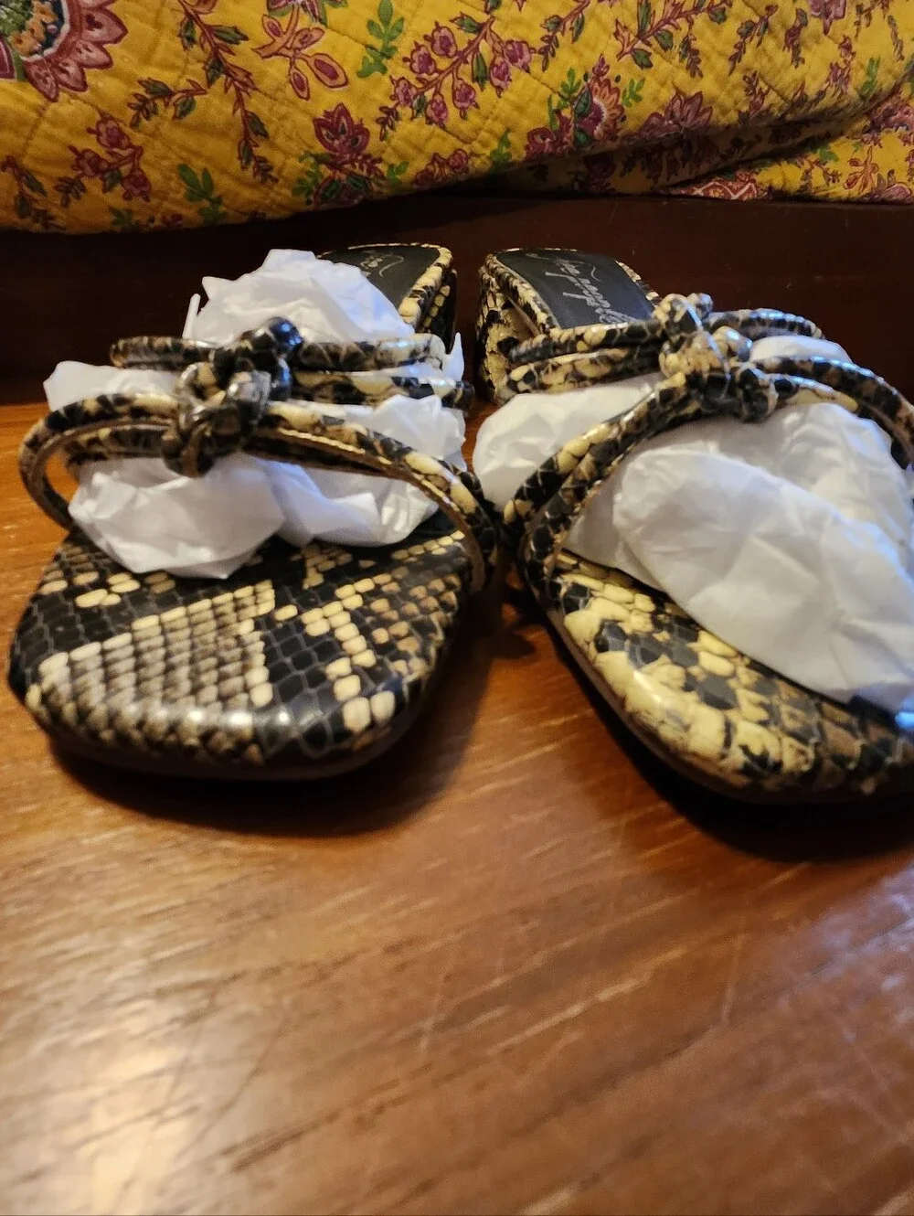 Free People Black and Cream Snake-Print Strappy Heeled Mules Sandals